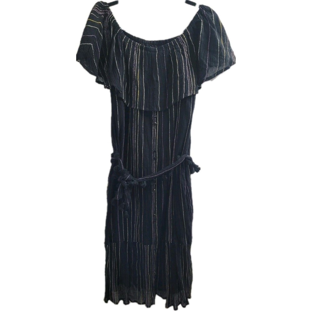 Michael Stars NWT Ruffle Off Shoulder Dress L Black Stripe Beach Cotton Rayon